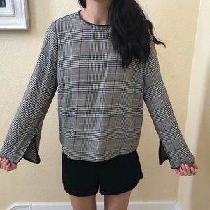 Zara plaid detail sleeve slit blouse